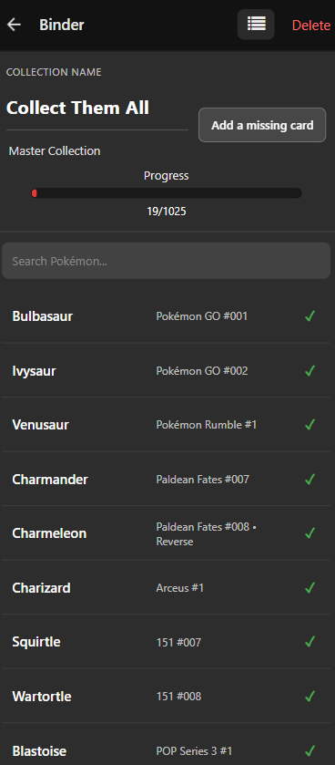 Binder – Master Collection list